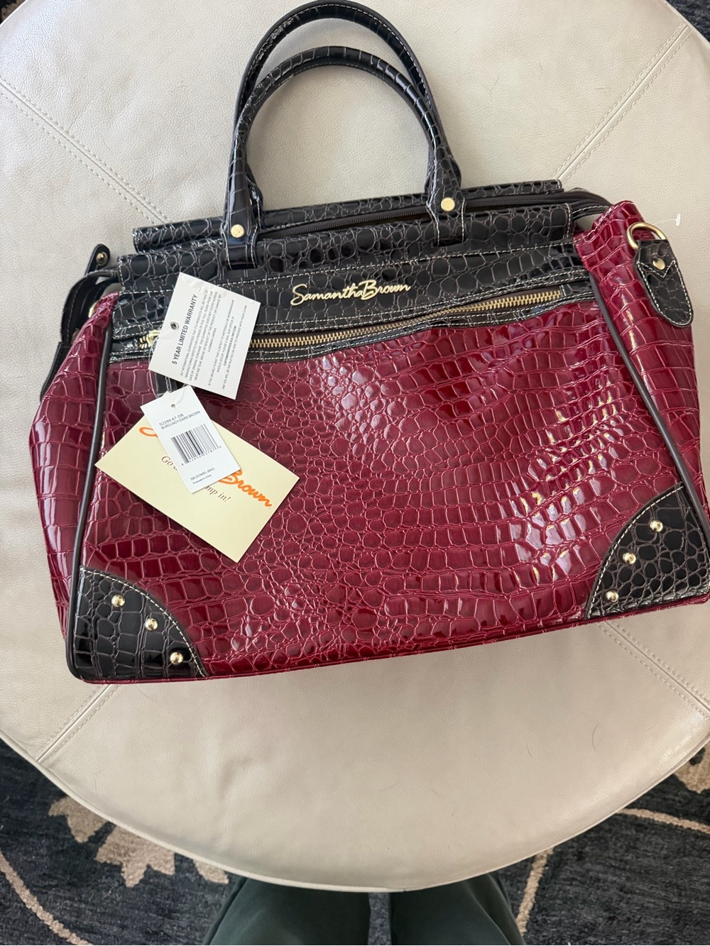 NWT Samantha Brown Two-Tone Burgundy and Black Croc-Embossed Travel Satchel